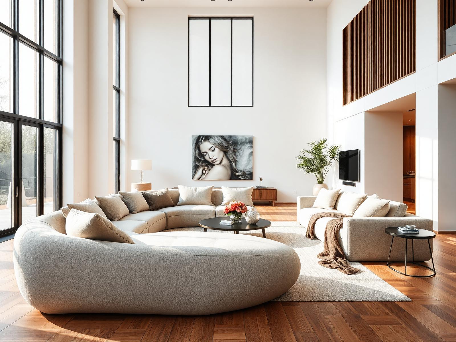 Modern living room with a sculptural linen sofa