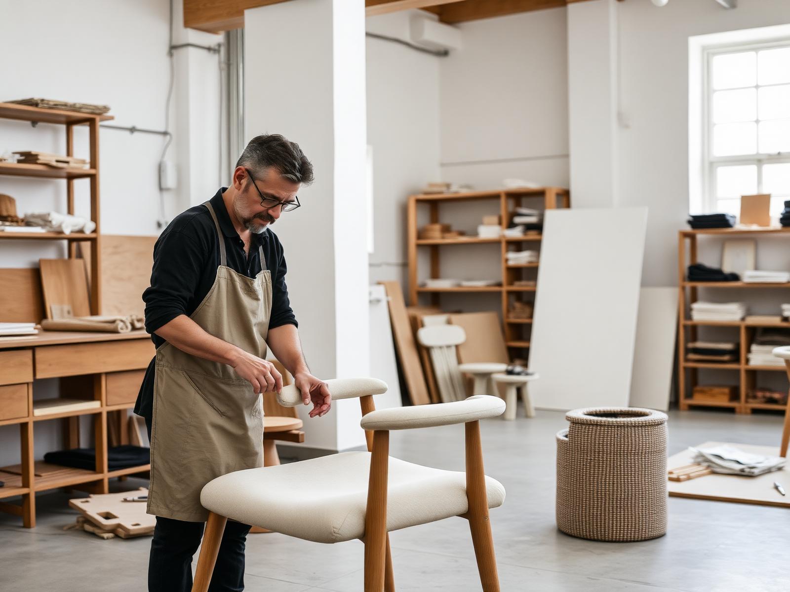 Craftsman assembling an upholstered chair in a furniture workshop